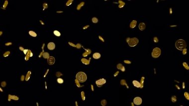 Yumuşak odaklı Altın Düşen Bitcoinler. 3D render 4K döngü animasyonu alfa kanalı ile.