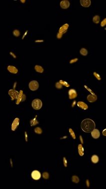 Yumuşak odaklı Altın Düşen Bitcoinler. 3D render 4K loop mobil animasyonu alfa kanalı ile.