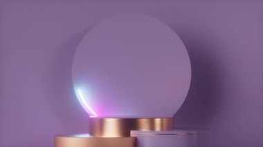 Neon Moving Round Lights 'lı Altın Mor Podyum, Frame. Ürün Sunumu İçin Boş Sahne. Kopyalama Boşluğu ile 4K Canlandırma, 3B Render.