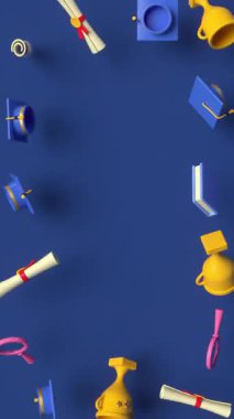Mezuniyet unsurlarını kopyalama alanı ile rastgele döndürmek. Eğitim, diploma ödülü, diploma töreni konsepti. 3d görüntüleme döngüsü 4k dikey canlandırma.