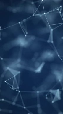 4K dikey video pleksus çevrimli animasyon. Parlayan noktalar ve çizgiler ile soyut teknoloji arka planı, koyu mavi.