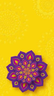 Diwali Işık Festivali için Hint Rangoli veya Mandala dönüşümlü. Sarı arka planda parlak mor renk. Dikey 4K döngülü canlandırma.