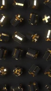 Altın yay ile dönen siyah hediye kutuları. Kara Cuma, sezonluk satış arkaplanı. Dikey döngü 4k canlandırması.