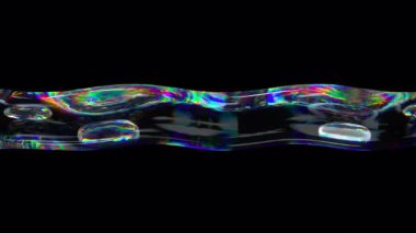 Kabarcık ve yanardöner efektli saydam renkli sıvı hareket ediyor. Soyut sıvı şekli bozulmuş. 3D render 4K döngü animasyonu, alfa kanalı.