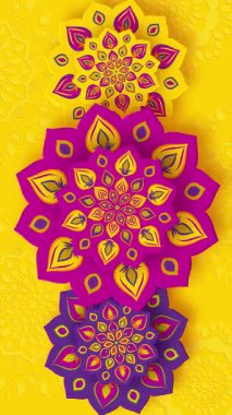 Diwali Işık Festivali için Hint Rangoli veya Mandala dönüşümlü. Sarı arka planda parlak mor renk. Dikey 4K döngülü canlandırma.