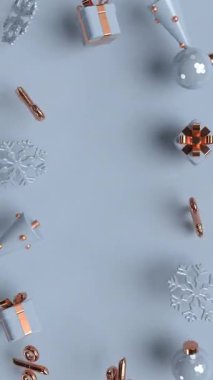 Yılbaşı süslemeleri, yeni yıl sezonluk satışları. Fotokopi arkaplanı, mavi renk. Kusursuz 4k dikey canlandırma.