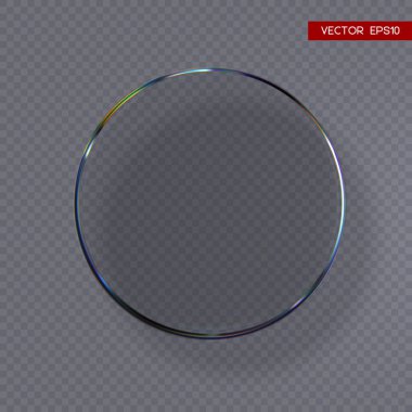3D şeffaf parlak yuvarlak disk, dağılım efektiyle. Gökkuşağı renkleri yansıtma camı. Vektör illüstrasyonu.