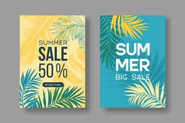 Yaz indirimi poster tasarımı. En iyi promosyon kartları ve tropik yapraklar. Basit tarz, yarım ton etkisi, mavi ve sarı renkler. Vektör illüstrasyonu.