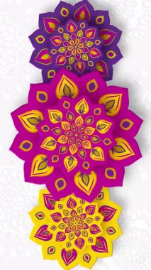 Diwali Işık Festivali için Hint Rangoli veya Mandala dönüşümlü. Beyaz arka planda parlak mor ve sarı renkler. Dikey 4K döngülü canlandırma.
