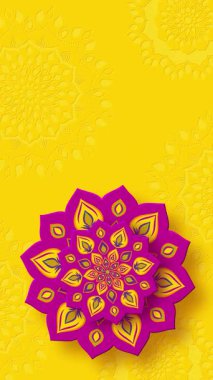 Diwali Işık Festivali için Hint Rangoli veya Mandala dönüşümlü. Sarı arka planda parlak pembe renk. Dikey 4K döngülü canlandırma.