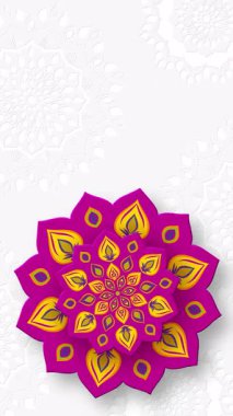 Diwali Işık Festivali için Hint Rangoli veya Mandala dönüşümlü. Beyaz arka planda parlak mor ve sarı renkler. Dikey 4K döngülü canlandırma.