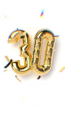 30 Numaralı Hareketli Altın Balon Metni ve Düşen Yumuşak Odaklanma Konfeti Aberasyon Etkisi. Beyaz arka plan. Yıldönümü konsepti. 3d Döngülü Dikey Canlandırma.