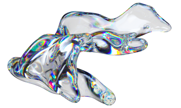 3D şeffaf parlak sıvı, dağılım efektli sıvı şekil. Gökkuşağı renkleri yansıtma camı.