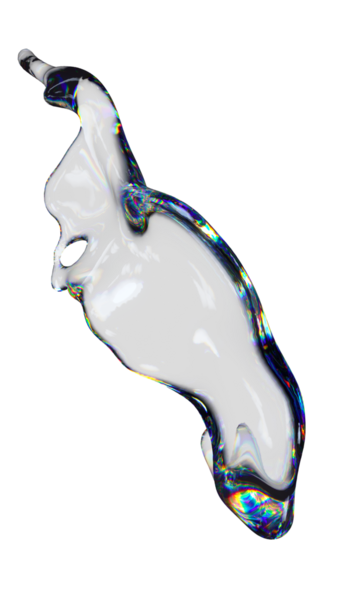 3D şeffaf parlak sıvı, dağılım efektli sıvı şekil. Gökkuşağı renkleri yansıtma camı.