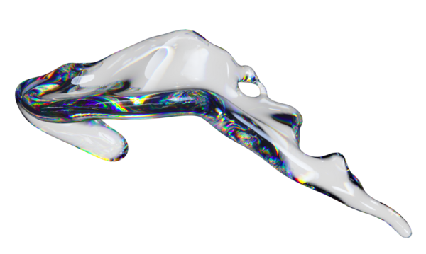 3D şeffaf parlak sıvı, dağılım efektli sıvı şekil. Gökkuşağı renkleri yansıtma camı.