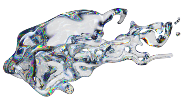 3D şeffaf parlak sıvı, dağılım efektli sıvı şekil. Gökkuşağı renkleri yansıtma camı.