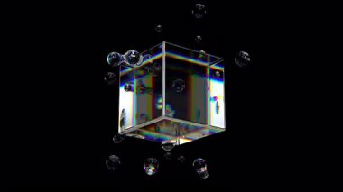 Metaball sıvı şeffaf yanardöner kabarcıklar ve dönen küp. Üç boyutlu, soyut çok renkli, hareket eden akış kabarcıkları oluşturma. 4K döngülü animasyon, alfa kanalı.