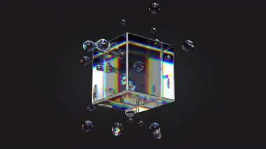 Metaball sıvı şeffaf yanardöner kabarcıklar ve dönen küp. Üç boyutlu, soyut çok renkli, hareket eden akış kabarcıkları oluşturma. 4K döngülü canlandırma.