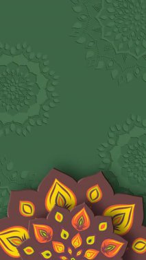 Kopya uzayı ile dönen Hintli Rangoli. Diwali Işık Festivali. Yeşil arka planda kahverengi mandala. 4K döngü dikey canlandırması.