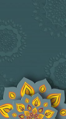 Kopya uzayı ile dönen Hintli Rangoli. Diwali Işık Festivali. Mavi arkaplan. 4K döngü dikey canlandırması.