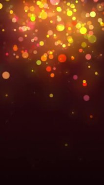 Bulanık, ışıldayan parçacıklar arka planı. Bokeh renkli ışıklar koyu arkaplanda yüzüyor. 4k döngüsü dikey canlandırma.