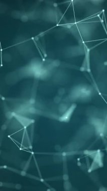 4K dikey video pleksus çevrimli animasyon. Parlayan noktalar ve çizgiler ile soyut teknoloji arka planı, koyu mavi.