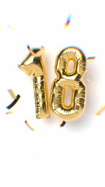 18 Numaralı Hareket Eden Altın Balon Metni ve Düşen Yumuşak Odaklanma Konfeti Aberasyon Etkisi. Beyaz arka plan. Yıldönümü konsepti. 3d Döngülü Dikey Canlandırma.