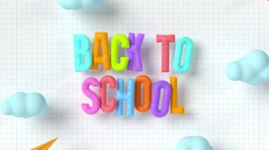 Renkli üç boyutlu balon, arka planda kağıt uçaklar ve bulutlarla okula geri dönüyor. Eğitim, çocuklar ve sınıf temaları için eğlenceli ve eğlenceli animasyonlar. 4K 3D görüntüleyici.