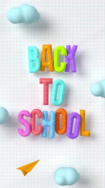 Renkli üç boyutlu balon, arka planda kağıt uçaklar ve bulutlarla okula geri dönüyor. Eğitim, çocuklar ve sınıf temaları için eğlenceli ve eğlenceli animasyonlar. 4K dikey 3D görüntüleyici.