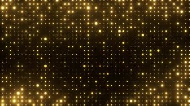 Yanıp sönen altın ışıklar. Rastgele boyut noktaları olan şebeke deseni. Yeni yıl şenlik tasarımı için ışıldayan parçacıklar soyut arkaplan. 4K döngü canlandırması.