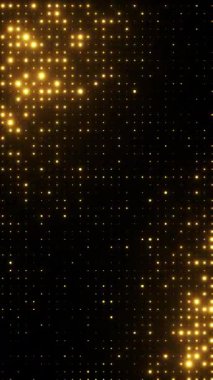 Yanıp sönen altın ışıklar. Rastgele boyut noktaları olan şebeke deseni. Yeni yıl şenlik tasarımı için ışıldayan parçacıklar soyut arkaplan. 4K döngü dikey canlandırması.