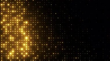 Yanıp sönen altın ışıklar. Rastgele boyut noktaları olan şebeke deseni. Yeni yıl şenlik tasarımı için ışıldayan parçacıklar soyut arkaplan. 4K döngü canlandırması.