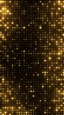 Yanıp sönen altın ışıklar. Rastgele boyut noktaları olan şebeke deseni. Yeni yıl şenlik tasarımı için ışıldayan parçacıklar soyut arkaplan. 4K döngü dikey canlandırması.