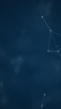 4K dikey video pleksus çevrimli animasyon. Parlayan noktalar ve çizgiler ile soyut teknoloji arka planı, koyu mavi.