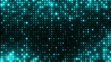 Teal yanıp sönen ışıklar. Rastgele boyut noktaları olan şebeke deseni. Yeni yıl şenlik tasarımı için ışıldayan parçacıklar soyut arkaplan. 4K döngü canlandırması.
