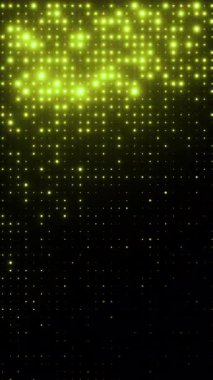 Yanıp sönen yeşil ışıklar. Rastgele boyut noktaları olan şebeke deseni. Yeni yıl şenlik tasarımı için ışıldayan parçacıklar soyut arkaplan. 4K döngü dikey canlandırması.