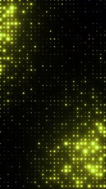 Yanıp sönen yeşil ışıklar. Rastgele boyut noktaları olan şebeke deseni. Yeni yıl şenlik tasarımı için ışıldayan parçacıklar soyut arkaplan. 4K döngü dikey canlandırması.