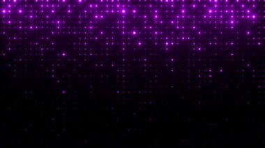 Mor yanıp sönen ışıklar. Rastgele boyut noktaları olan şebeke deseni. Yeni yıl şenlik tasarımı için ışıldayan parçacıklar soyut arkaplan. 4K döngü canlandırması.