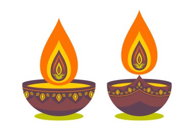 Diwali diya - gaz lambası. Geleneksel Hint ışık festivali için element. İzole edilmiş beyaz arka planda düz stil. Vektör illüstrasyonu.