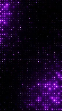 Mor yanıp sönen ışıklar. Rastgele boyut noktaları olan şebeke deseni. Yeni yıl şenlik tasarımı için ışıldayan parçacıklar soyut arkaplan. 4K döngü dikey canlandırması.