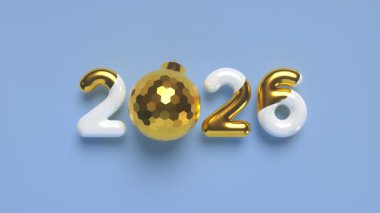 2026 yılbaşı tabelası ve dönen top. 3D metalik altın sayılar ve mavi arka planda parlak bir top. Kusursuz döngülü 4k animasyonu.