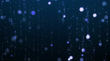 Mavi parıldayan parçacıklar, yeni yıl kutlaması, ödül töreni ve parti tasarımı için karanlık arka planda hafif titreşimli hareket halinde düşüyorlar. 4K döngü canlandırması.