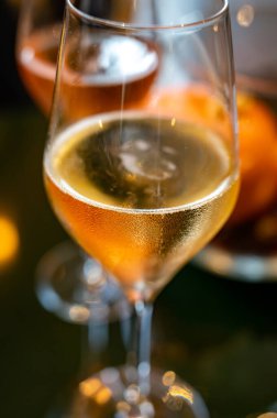 Şampanya, Fransa 'daki yeraltı mağaralarında geleneksel yöntemlerle üretilen brut ve gül şampanyası şampanyası tatma.