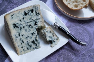 Bir parça Bleu de Laqueuille yarı sert AOP Çiğ inek sütünden yapılmış Fransız mavi peyniri.