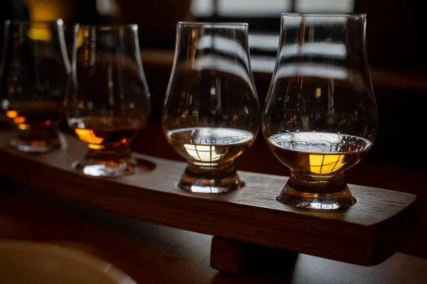 Flight Single Malt Scotch Whisky Glasses Served Bar Edinburgh Tasting — Foto de Stock