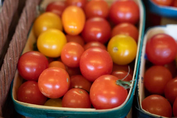 Fresh Ripe Colorful French Tomatoes Vegetables Provence Wooden Box — Stock Photo, Image