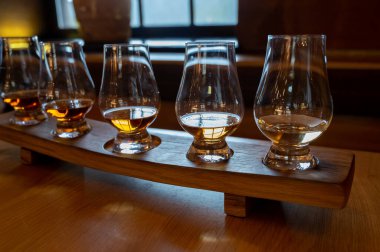 Flight of single malt scotch whisky in glasses served in bar in Edinburgh, UK, tasting of dram of whiskey