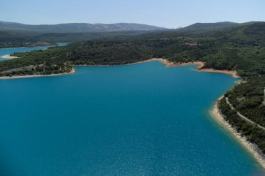 Aerial view on green vineyards and villages near Mont Brouilly, wine appellation Cote de Brouilly beaujolais wine making area along Beaujolais Wine Route,  France
