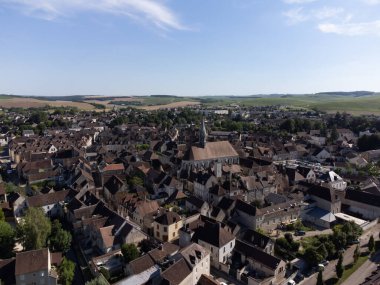 Aerial view on green vineyards and villages near Mont Brouilly, wine appellation Cote de Brouilly beaujolais wine making area along Beaujolais Wine Route,  France