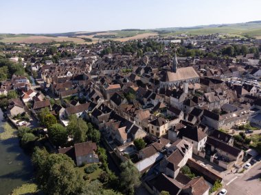 Aerial view on green vineyards and villages near Mont Brouilly, wine appellation Cote de Brouilly beaujolais wine making area along Beaujolais Wine Route,  France